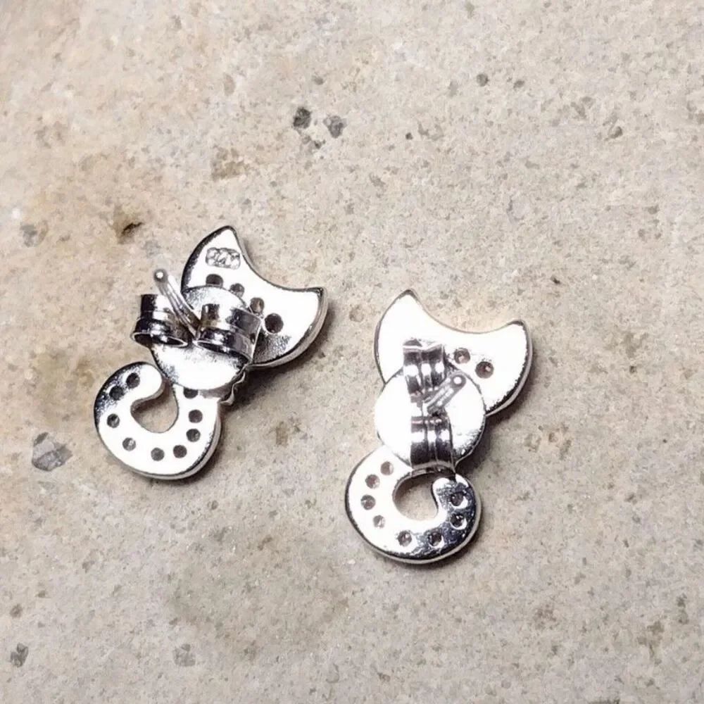.925 Sterling Silver CZ Pave Posts CAT with Bow Tie Stud Earrings